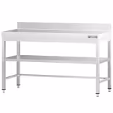 Mesa de trabalho em aço inoxidável PREMIUM - 1500x800mm - com prateleira inferior & com painel traseiro & com travessas de reforço
