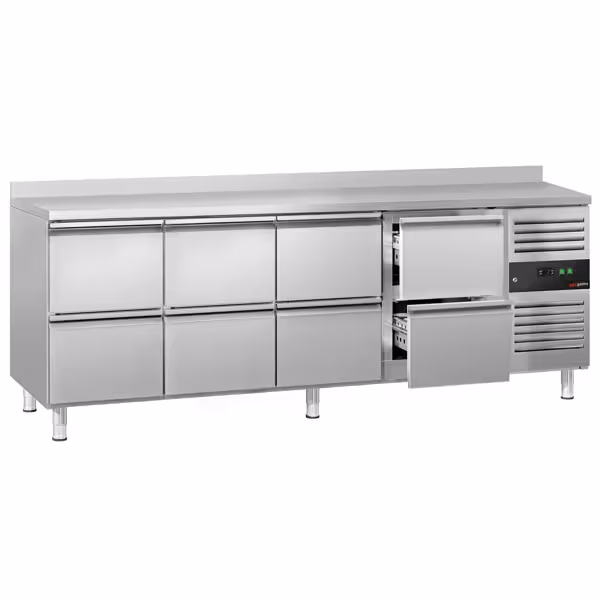 Mostrador refrigerado ECO - 2230x700mm - con 8 cajones & con soporte superior