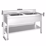 Chiuvetă profesională PREMIUM - 1600x600 mm - cu poliță inferioară - cu 2 cuve