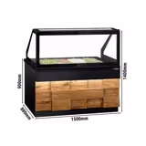 Saladette réfrigérée - 1500mm - façade décor bois naturel - 2 portes - avec vitrine de comptoir pour 4x GN 1/1 & 1 étagère - plan de travail en granit noir