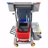 Cleaning trolley – with 6 containers, mop wringer, laundry bag & shelf