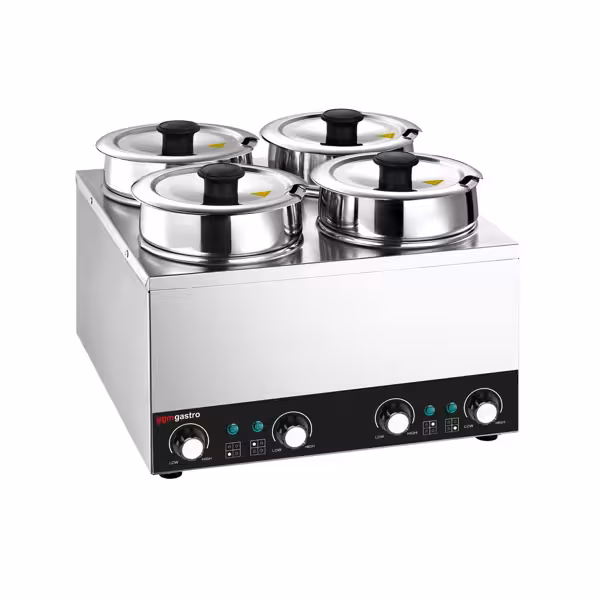 Commercial Bain Marie Soup & Sauce Warmer - Wet Heat - 14L - 600W - 4 Round Pots with each 3,5L