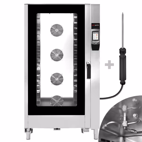 Kombi Fırın - Dokunmatik Ekranlı - 7" Dokunmatik Ekran - 40x GN 1/1 veya 20x GN 2/1 - Elektrikli - dâhil: Yıkama Sistemi, Sıcaklık Probu, Tepsi Arabası