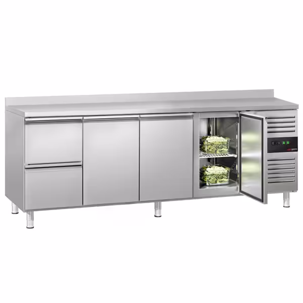 Koelwerkbank ECO - 2230x700mm - met 3 deuren - 2 lades - opstand