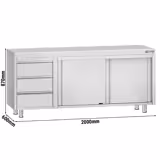 Edelstahl Arbeitsschrank ECO - 2000x600mm - mit 3 Schubladen links ohne Aufkantung