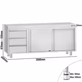 Rozsdamentes acél munkaszekrény ECO - 2000x600 mm - tolóajtós, 3 fiókos – bal oldali fiókblokk