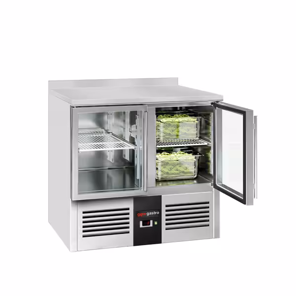 Saladette / Pizza hűtőasztal PREMIUM - 0,9 x 0,7 m - 2 üvegajtóval és hátsó résszel