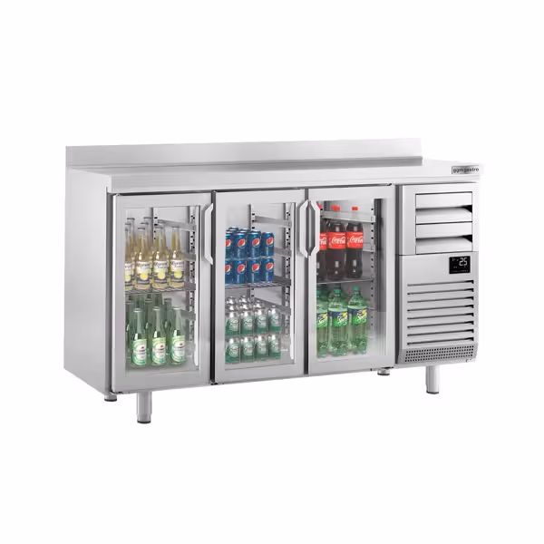 Barkoelkast PREMIUM PLUS - 1960x600mm - met 3 glazen deuren, 2 laden & spatrand