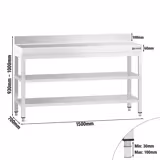 Table de travail en inox PREMIUM - 1500x700mm - avec étagère basse + dosseret arrière + étagère intermédiaire + traverses de renfort