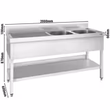 Plonge en inox PREMIUM - 2000x600mm - avec étagère basse - 2 bacs à droite