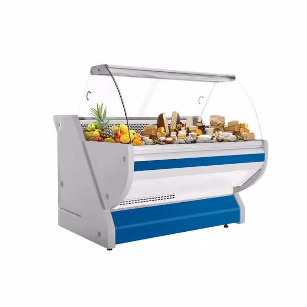 Banco gastronomia professionale / Banco Macelleria  - 1525x1150mm - Statica - 300 L - Vetro curvo - Colore Blu - piano di lavoro in granito
