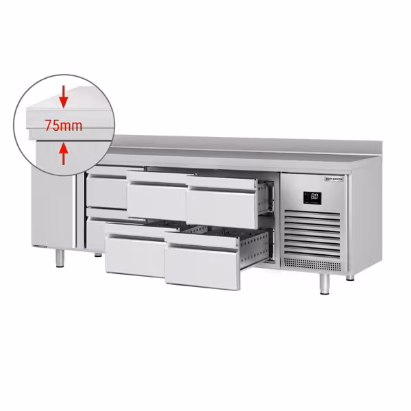 Kühltisch Premium PLUS - 2452x600mm - mit 1 Tür - 6 Schubladen - mit Aufkantung