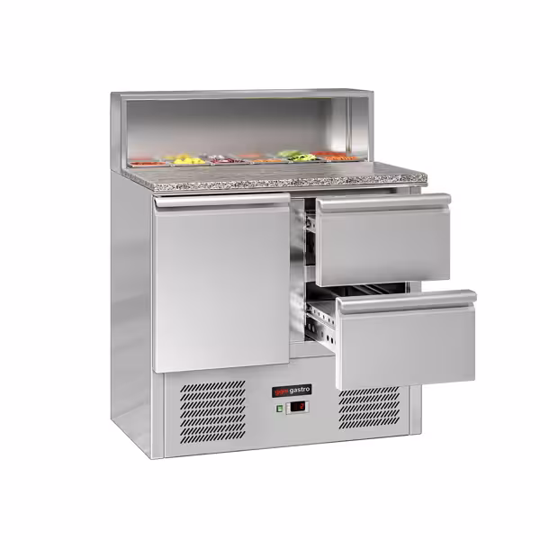 Salata Hazırlık Buzdolabı ECO - 903mm - 240L - 1 kapılı & 2 çekmeceli - Paslanmaz çelik üst tabla ile 5 adet GN 1/6 için & paslanmaz çelik kapak - UK için