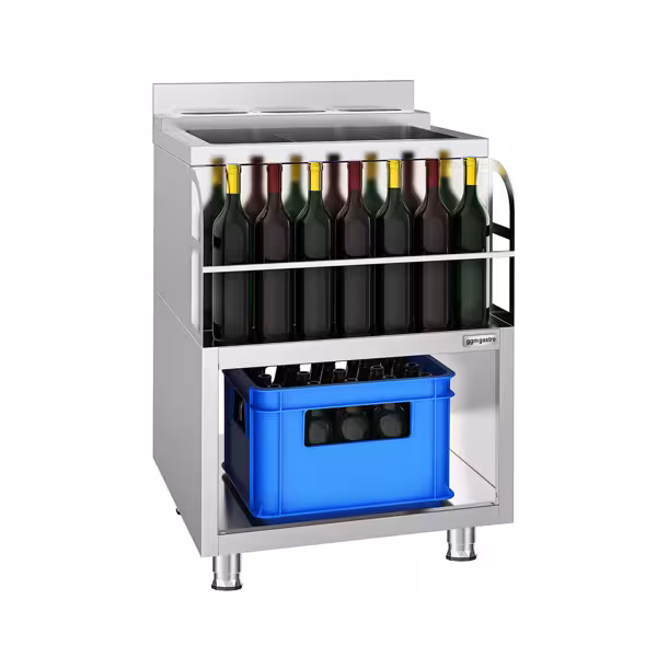 Cocktailstation - rostfritt stål - 600x600 mm - med 3 kylbecken & flaskhållare