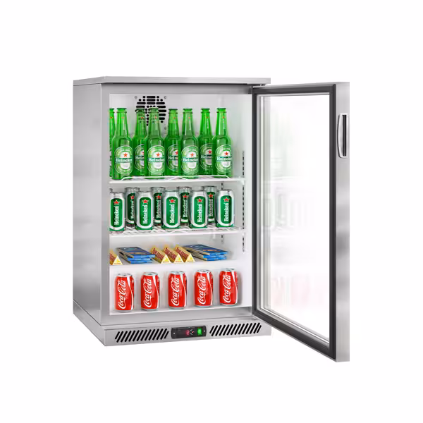 یخچال بار - 600 میلیمتر - 130 لیتر - یک درب شیشه ای - استیل