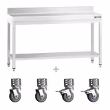 Table de travail en inox PREMIUM - 1500 x 600 mm - avec tablette inférieure, dosseret et roulettes