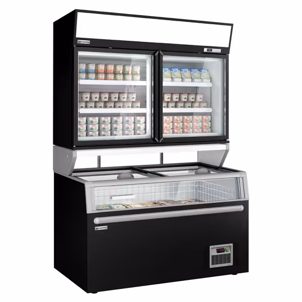 Expositor mural de congelação para supermercado - 1454mm - 232L - com 2 portas em vidro duplo & 4 prateleiras - traseira fechada - incl. ilha de congelação - Preto