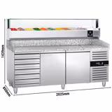 Commercial Refrigerated Pizza Prep Counter PREMIUM - 2000x800 - 2 Doors - 7 Drawers - Top Display Rail LED - 10x GN 1/4