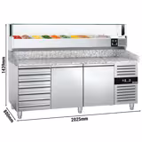 Pizzawerkbank PREMIUM - 2025x800mm - met granieten werkblad - met 2 deuren & 7 laden - incl. glasvitrine LED - 10x GN 1/4