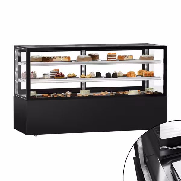 Vetrina pasticceria refrigerata MADRID - per pasticceria - 890l - 2000mm - Doppio vetro - con 2 ripiani - LED interni; 4 lati vetro; porte posteriori scorrevoli; display digitale - Nero opaco