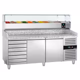 Balcão de pizza refrigerado ECO - 2025x800mm - com tampo em granito - com 2 portas e 7 gavetas 600x400mm - incl. vitrina refrigerada superior - 9x GN 1/3