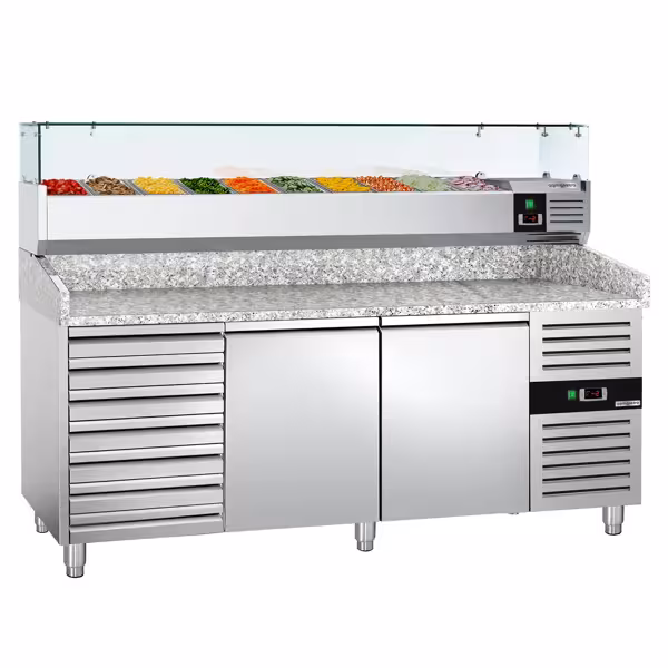 Pizzawerkbank ECO - 2025x800mm - met granieten werkblad - met 2 deuren & 7 laden - incl. glasvitrine - 9x GN 1/3