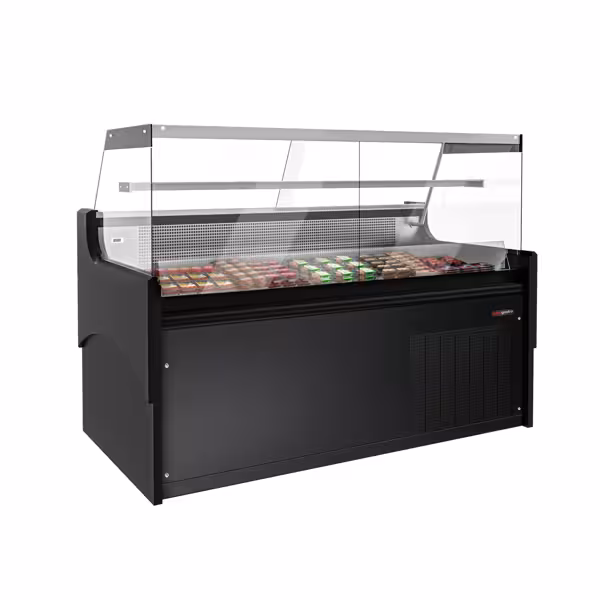 Banco gastronomia professionale / Banco Macelleria  - 1880x975mm - Ventilata - 175 L - Vetro dritto - Sportelli posteriori 2 scorrevoli - Colore Nero - piano di lavoro in granito