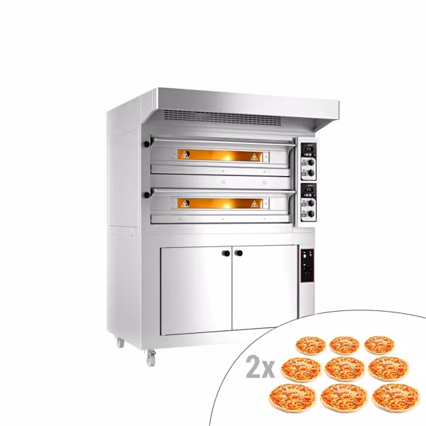 Elektrisk pizzaugn - 1420x1670 mm - 9+9 x Ø 33 cm - 400 °C - Manuell - inkl. huv och jässkåp