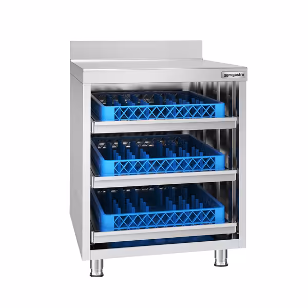 Dulap de lucru - inox - 647x600mm - cu 3 sertare pentru coșuri de veselă