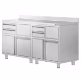 Commercial Coffee Station Cabinet - 1400x600mm - with 4 Drawers, 2 Doors, 2 Tilting Knockout Drawers - with Rear Upstand