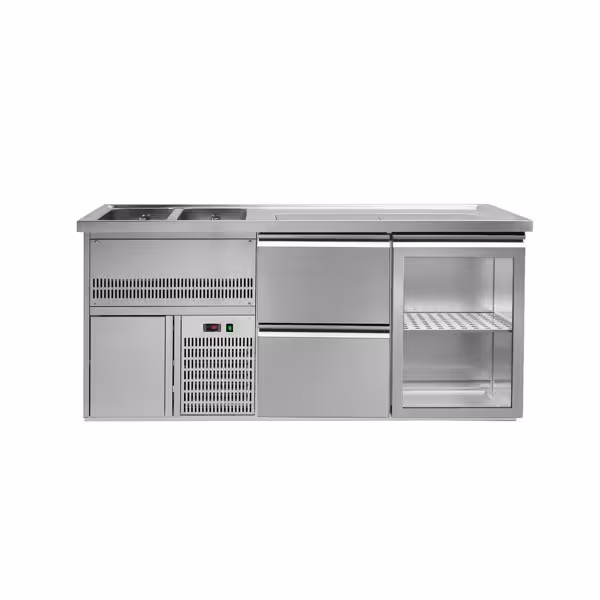 Frigider pentru bere 1,95 x 0,7 m - cu 1 ușă din sticlă şi 2 sertare 1/2 + 1/2