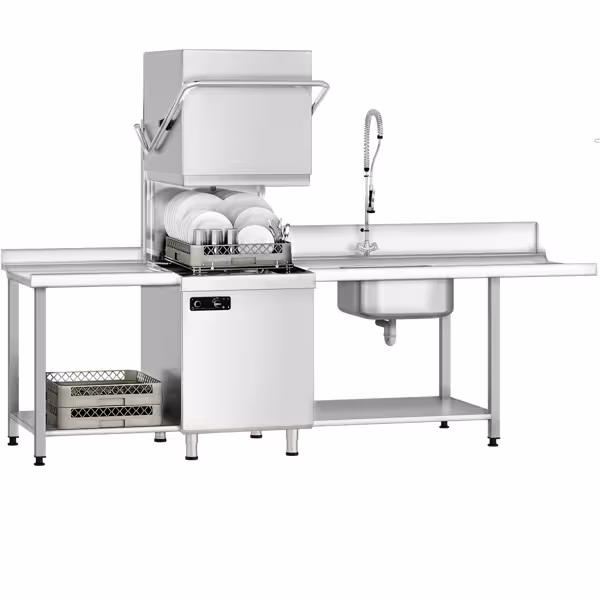 Doorschuifvaatwasser - Handmatig - 6,52 kW - incl. invoertafel rechts, uitvoertafel links - met reinigingsmiddel, glansspoelmiddel & afvoerpomp