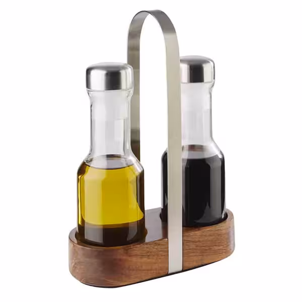 (6 st) Olja- och vinägerset - WOOD - 2-delars - i ställ - glas; lock i rostfritt stål - inkl. 2 olje- och vinägerflaskor