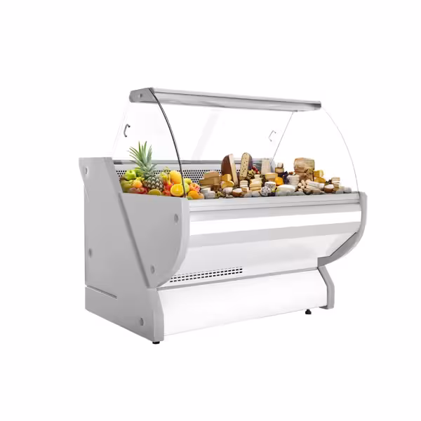 Banco gastronomia professionale / Banco Macelleria - 1325x1150mm - Statica - 260 L - Vetro curvo - Colore Bianco - piano di lavoro in granito