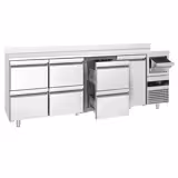 Arrière-bar réfrigéré professionnel PREMIUM - 2690 x 600 mm - avec 1 porte et 6 tiroirs - avec dosseret - avec tiroir à marc de café
