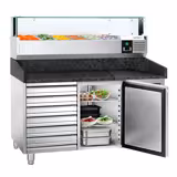 Table réfrigérée à pizza PREMIUM - 1500x800 mm - avec 1 porte & 7 tiroirs - incl. vitrine réfrigérée LED - 5x GN 1/3 + 1x GN 1/2