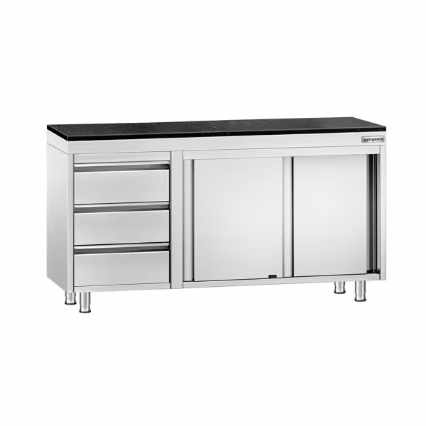 Edelstahl Arbeitsschrank PREMIUM - 1400x700mm - mit 3 Schubladen links - inkl. Granitarbeitsplatte
