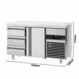 Kylbänk PREMIUM - 1400x700 mm - 281 l - GN 1/1 - Fläktkyla - med 1 dörr - med 3 lådor - Färg Vit - inkl. skärbräda