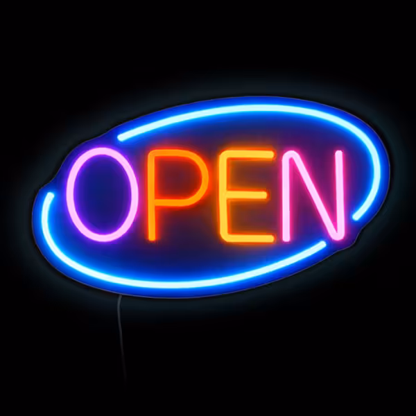 LED světelný nápis - OPEN - stmívatelný - modrý - barevný