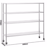 Estante em aço inoxidável PREMIUM - 2000x500mm - com 4 prateleiras (AJUSTÁVEL) - incl. 4 rodas