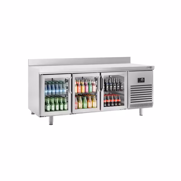 طاولة مبردة PREMIUM PLUS - 1960x600mm - مع 3 باب زجاجي - حاجز خلفي