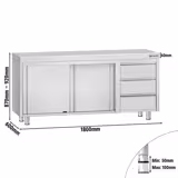 Table armoire en acier inoxydable ECO - 1800x600mm - avec portes coulissantes et 3 tiroirs à droite et étagère basse