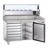 Mesa pizzera refrigerada PREMIUM - 1500x800mm - encimera de granito - con 1 puertas ciegas y 7 cajones - incl. vitrina refrigerada superior LED - 5x GN 1/3 + 1x GN 1/2