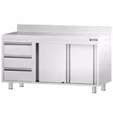 Rozsdamentes acél munkaszekrény PREMIUM - 1400x600 mm - tolóajtós, 3 fiókos – bal oldali fiókblokk, 2 ajtós – hátsó felhajtással