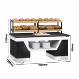 Bakery Display Counter BELFAST - 2000mm - with 2 shelves - on castors - black granite worktop