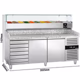 Kylmä pizzatyöpöytä ECO - 2000x800mm - 2 ovella ja 7 vetolaatikolla - sis. kylmävitriinin - 9x GN 1/3