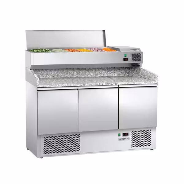 Pizzakühltisch ECO - 1400x700mm - mit 3 Türen - inkl. Kühlaufsatzvitrine - 6x GN 1/4