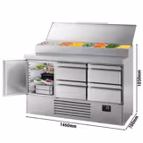 Table réfrigérée de préparation Mini - 1460 x 700 mm - avec 1 porte et 4 tiroirs - avec superstructure en inox 8 x GN 1/4