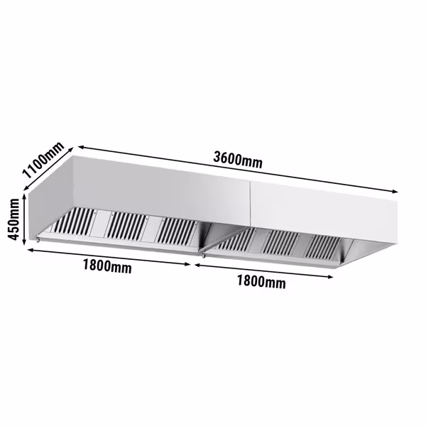 Commercial Wall-Mounted Extractor Hood – 3600mm – with Baffle Filters & Lighting
