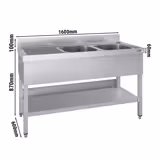 Rvs spoeltafel ECO - 1600x600mm - met onderschap - met 2 spoelbakken rechts - met achteropstand